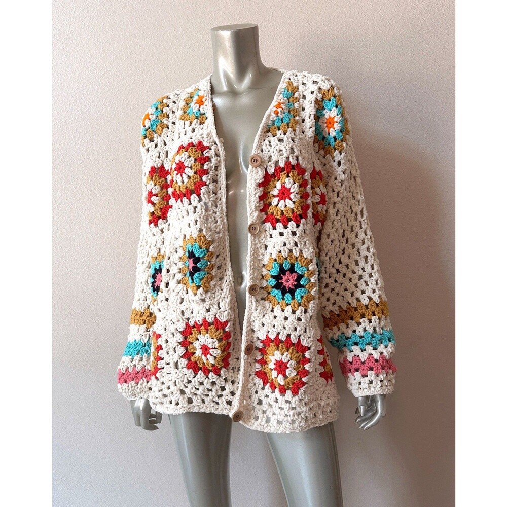 Granny Square Crochet Cardigan Sweater Large Vintage Y2K Chenille Open Knit Boho - Picture 4 of 6